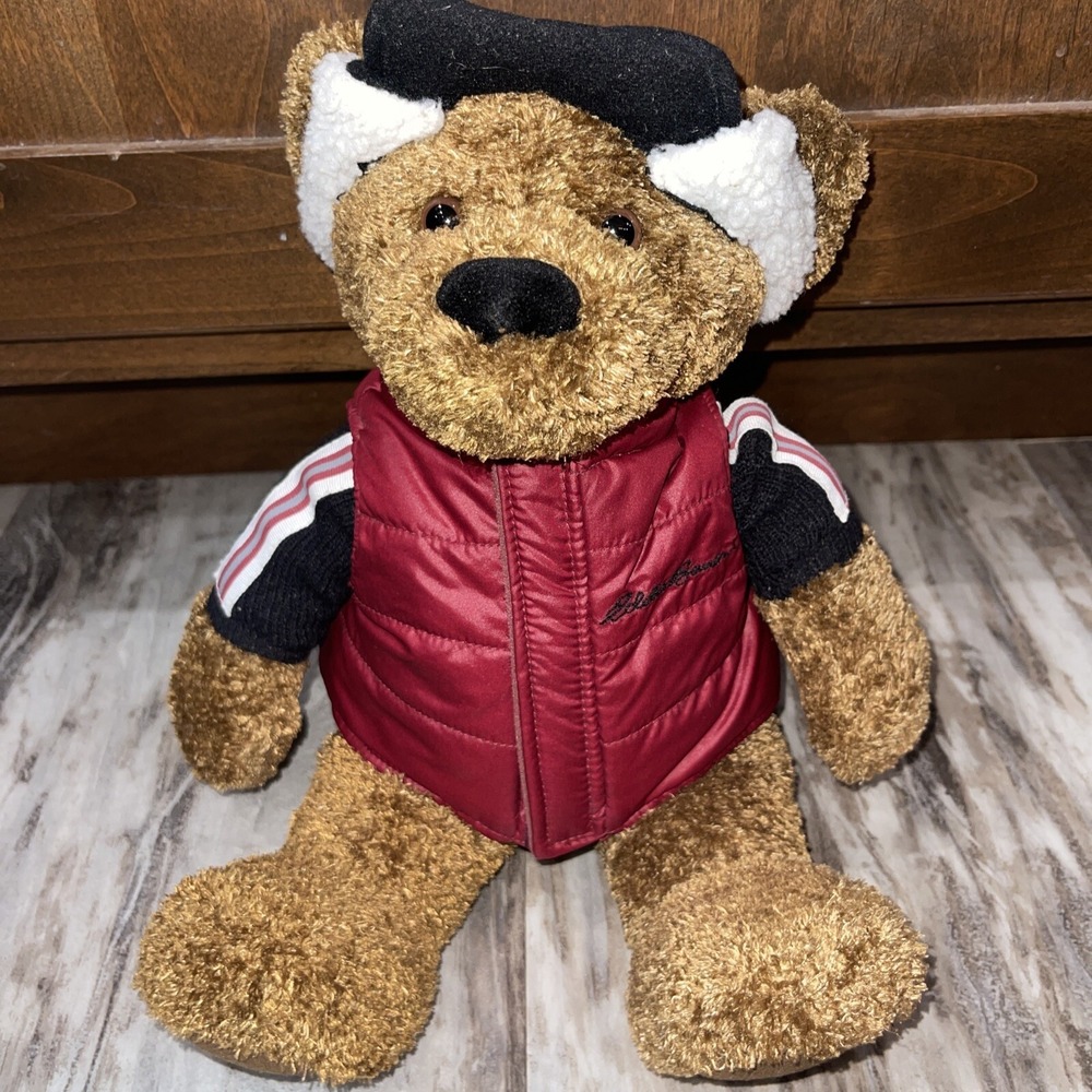 Vintage Eddie Bauer Plush Bear 2003 Wears Sweater Maroon Vest Earmuff Hat 13 In
